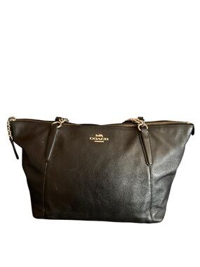 Coach Black Leather Tote with Gold Hardware and Chain Accents